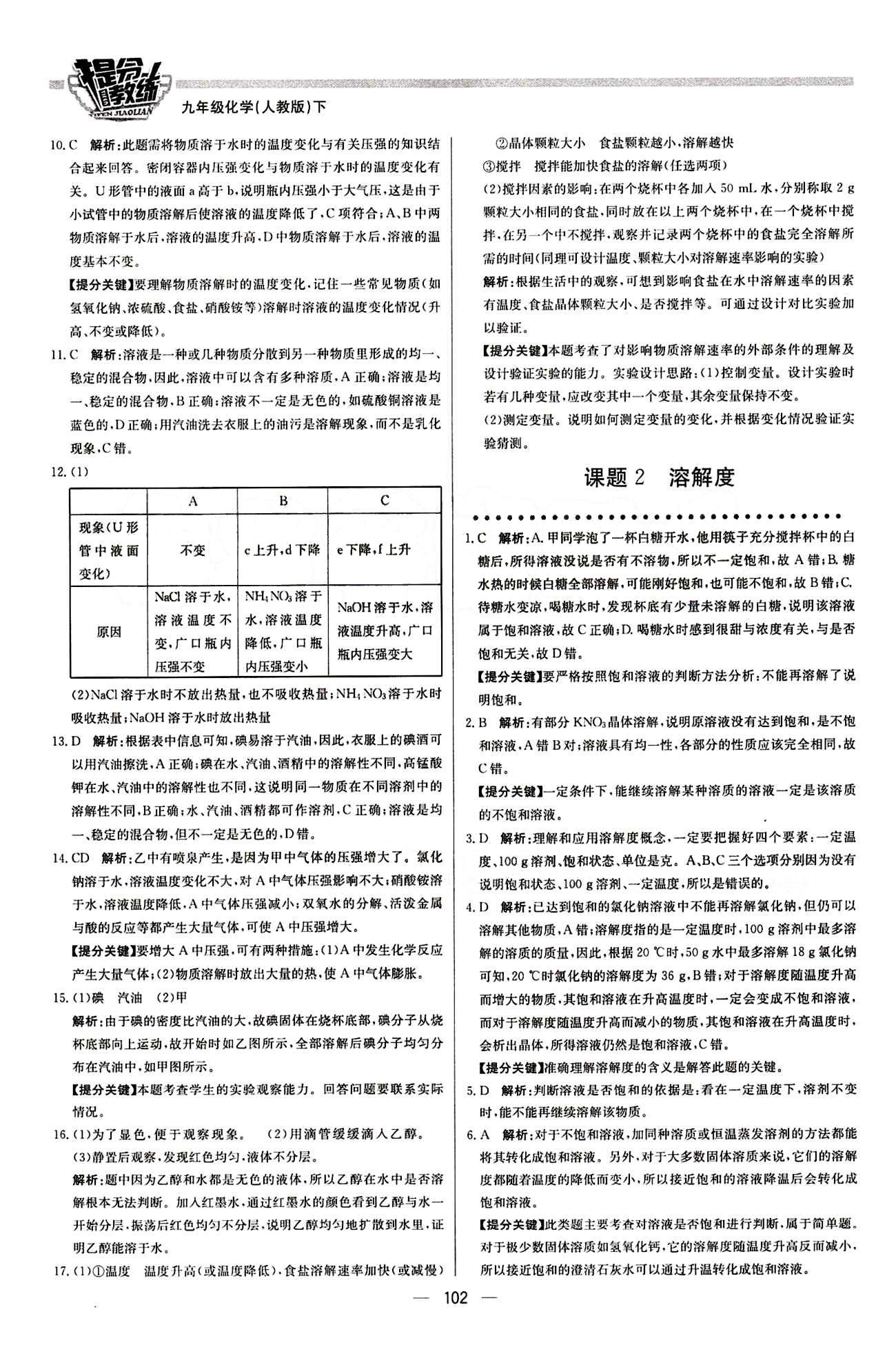 2015 提分教練九年級(jí)下化學(xué)北京教育出版社 第九單元　溶液 [2]