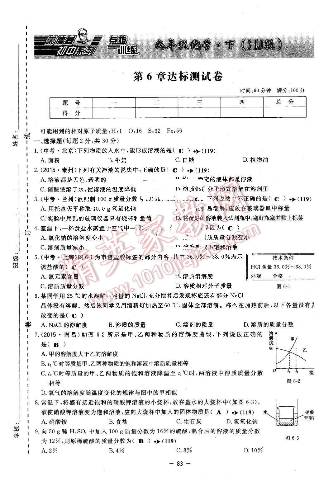 2016年點(diǎn)撥訓(xùn)練九年級化學(xué)下冊滬教版 第83頁