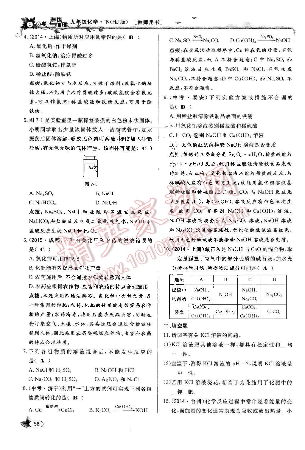 2016年點(diǎn)撥訓(xùn)練九年級(jí)化學(xué)下冊(cè)滬教版 第58頁(yè)