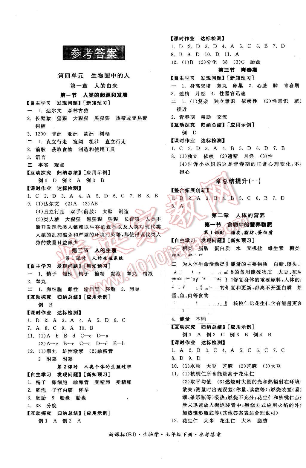 2016年全品学练考七年级生物学下册人教版 第1页