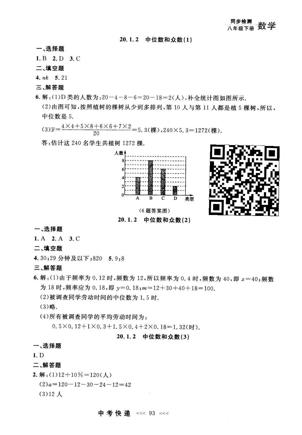 2016年中考快递同步检测八年级数学下册人教版 参考答案第73页