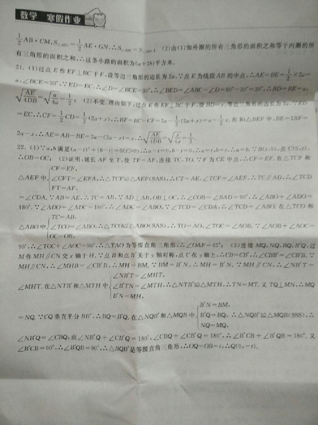 长江作业本寒假作业八年级数学人教版湖北教育出版社 第21页