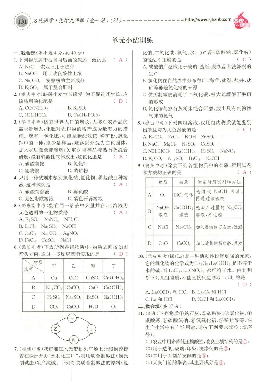 2015年名校课堂滚动学习法九年级化学全一册人教版云南专版 第十一单元 盐 化肥第161页