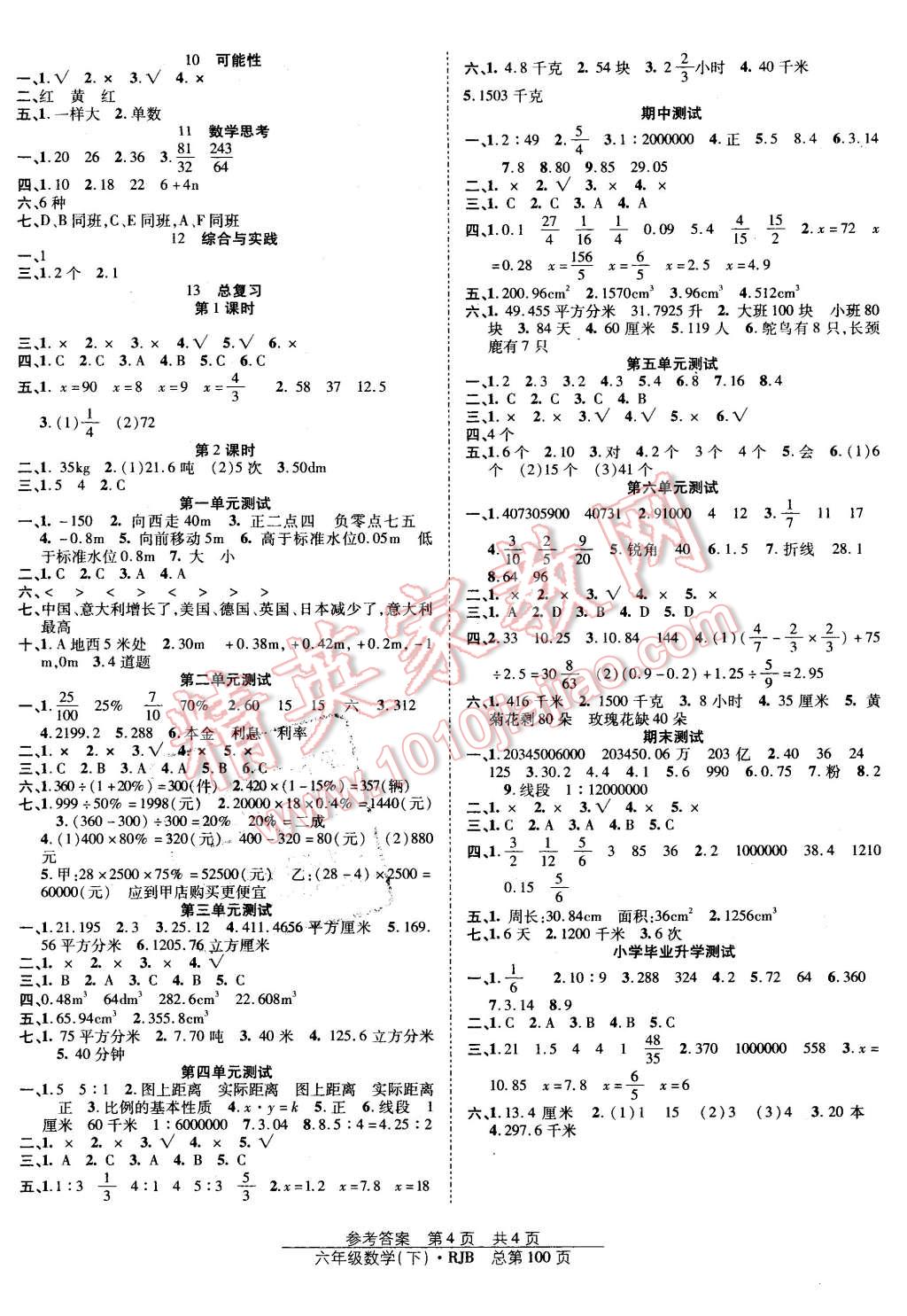 2016年阳光训练课时作业六年级数学下册人教版 第4页