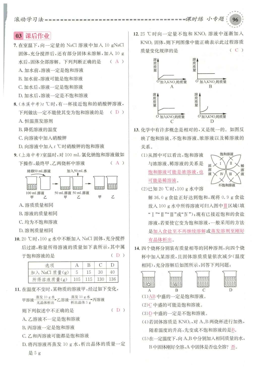 2015年名校课堂滚动学习法九年级化学全一册人教版云南专版 第九单元 溶液第126页