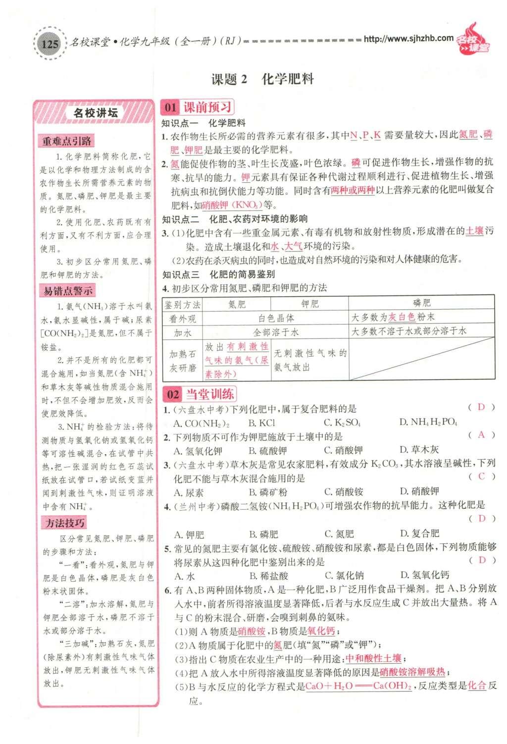 2015年名校课堂滚动学习法九年级化学全一册人教版云南专版 第十一单元 盐 化肥第155页