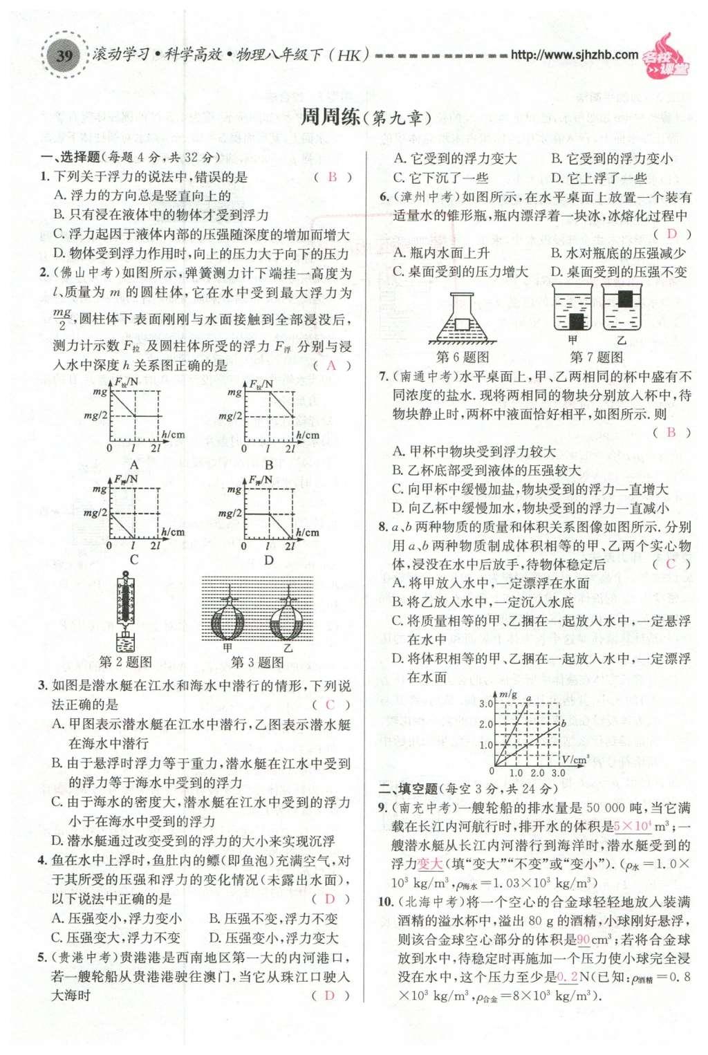 2016年名校课堂滚动学习法八年级物理下册沪科版 第九章 浮力第98页