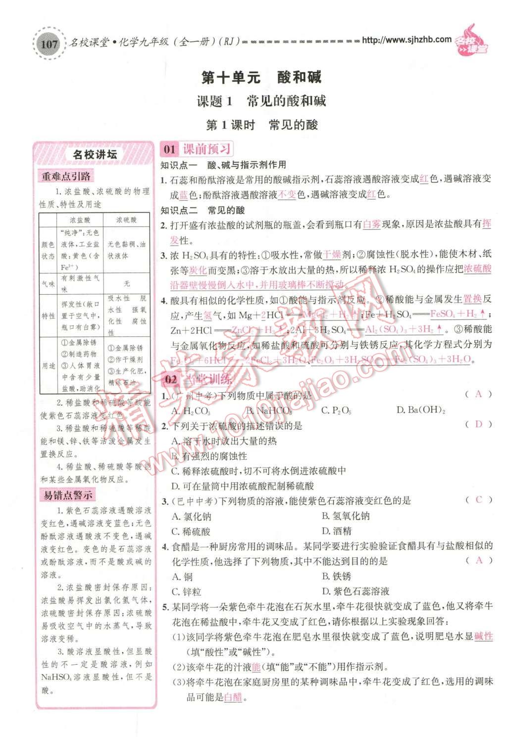 2015年名校课堂滚动学习法九年级化学全一册人教版云南专版 第十单元 酸和碱第137页