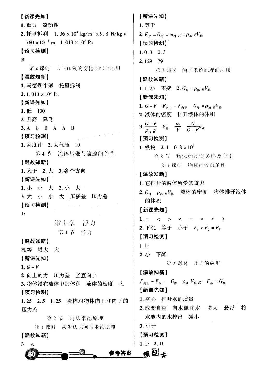 2016年黃岡狀元成才路狀元大課堂八年級(jí)物理下冊(cè)人教版 預(yù)習(xí)卡答案第40頁(yè)