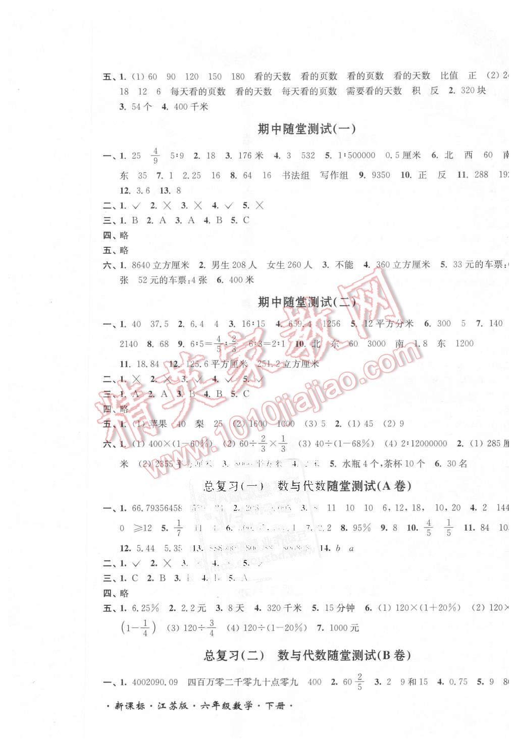 2016年单元达标活页卷随堂测试卷六年级数学下册江苏版 第3页