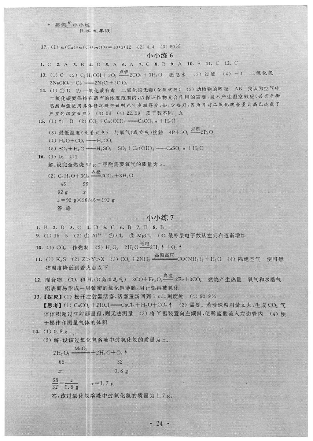 2016年寒假小小练九年级语文数学英语物理化学合订本 参考答案第48页