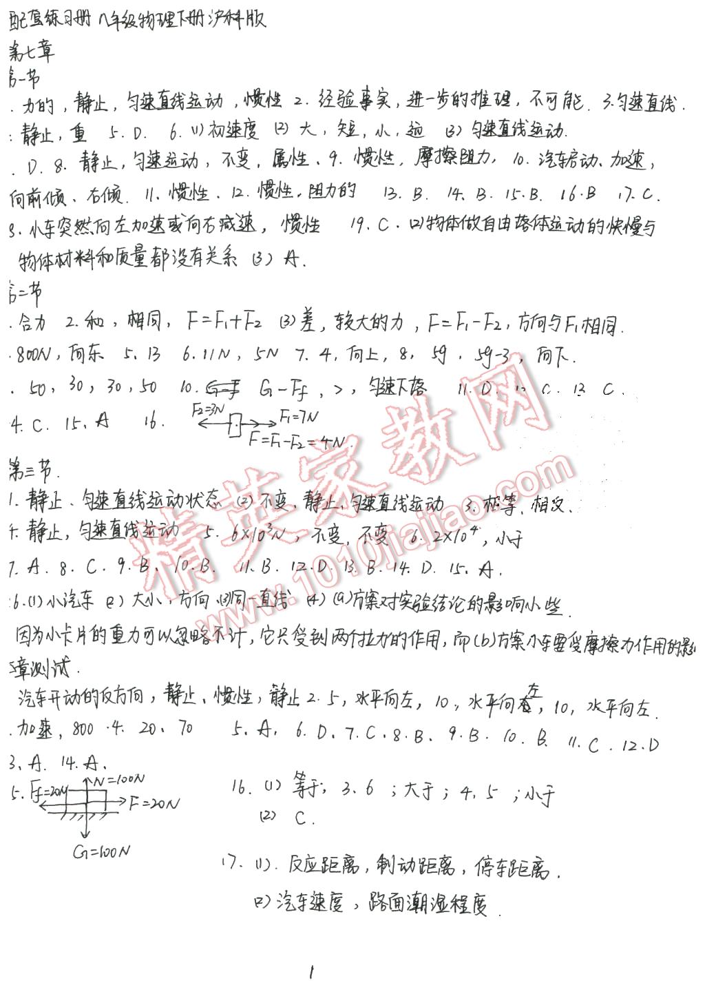 2016年配套練習(xí)冊八年級物理下冊滬科版 第1頁