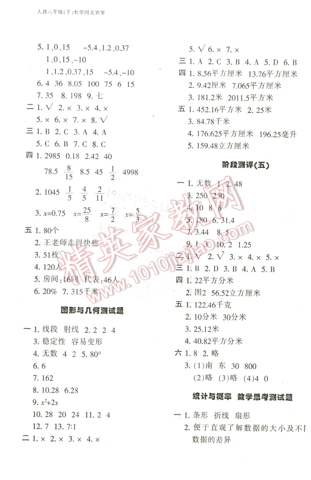 2016年期末闯关100分六年级数学下册人教版 第5页