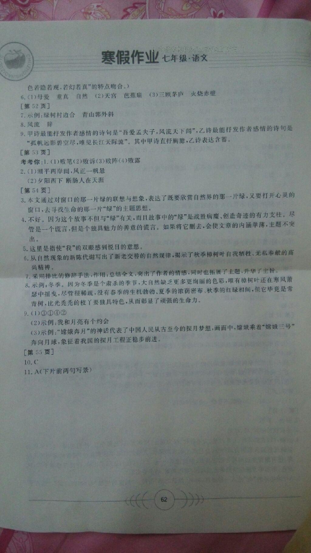 2015年寒假作业七年级语文华中科技大学出版社 第29页