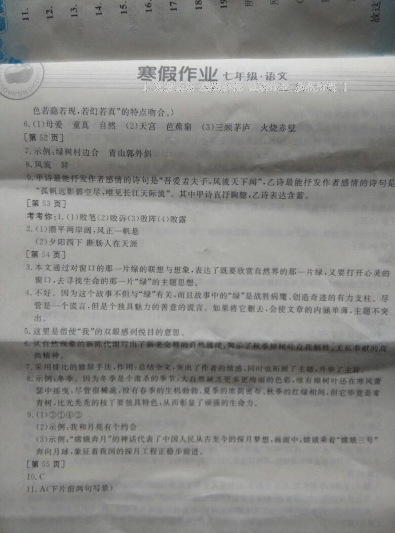 2013年寒假作业七年级语文华中科技大学出版社 第33页