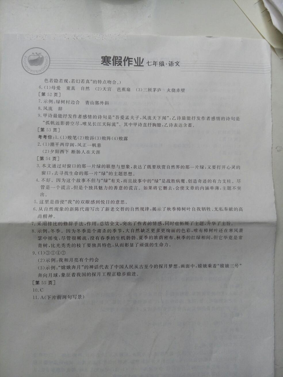 2013年寒假作业七年级语文华中科技大学出版社 第39页