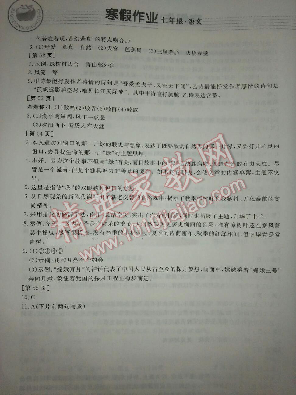 2013年寒假作业七年级语文华中科技大学出版社 第17页