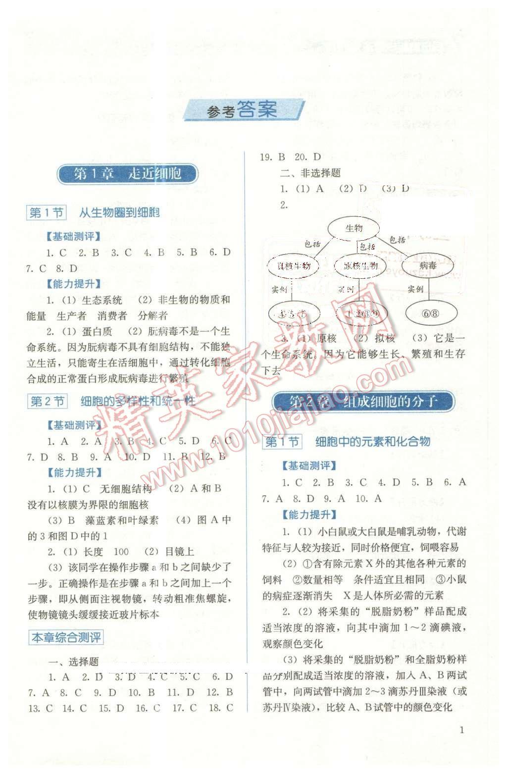 2016年人教金學(xué)典同步解析與測(cè)評(píng)生物必修1人教版 第1頁(yè)