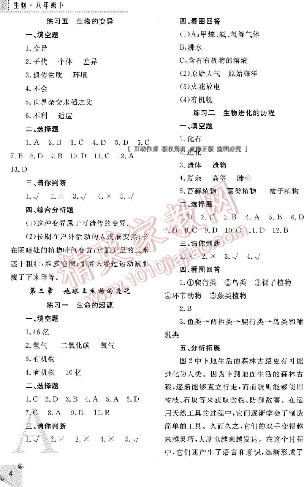 2014年课堂练习册八年级生物下册人教版A版 第4页