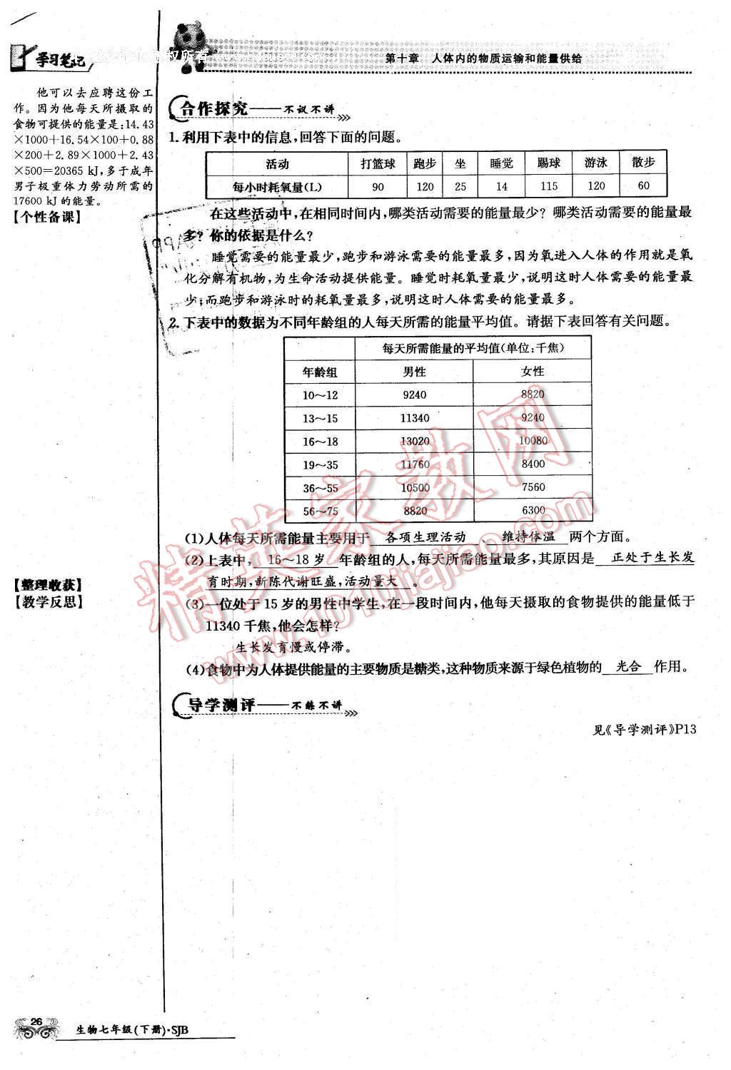 2016年金太阳导学案七年级生物下册苏教版 第26页