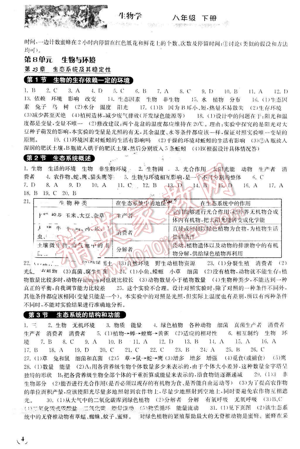 2016年长江作业本同步练习册八年级生物学下册北师大版 第4页