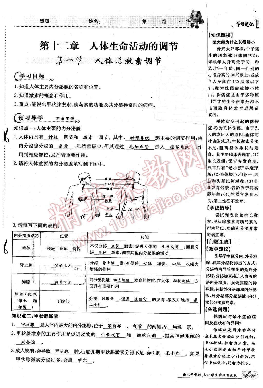 2016年金太阳导学案七年级生物下册苏教版 第31页