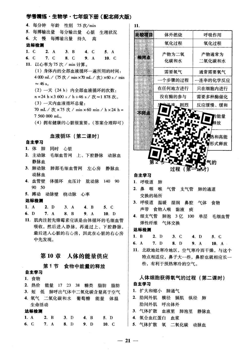 2016年南粤学典学考精练七年级生物学下册北师大版 参考答案第7页