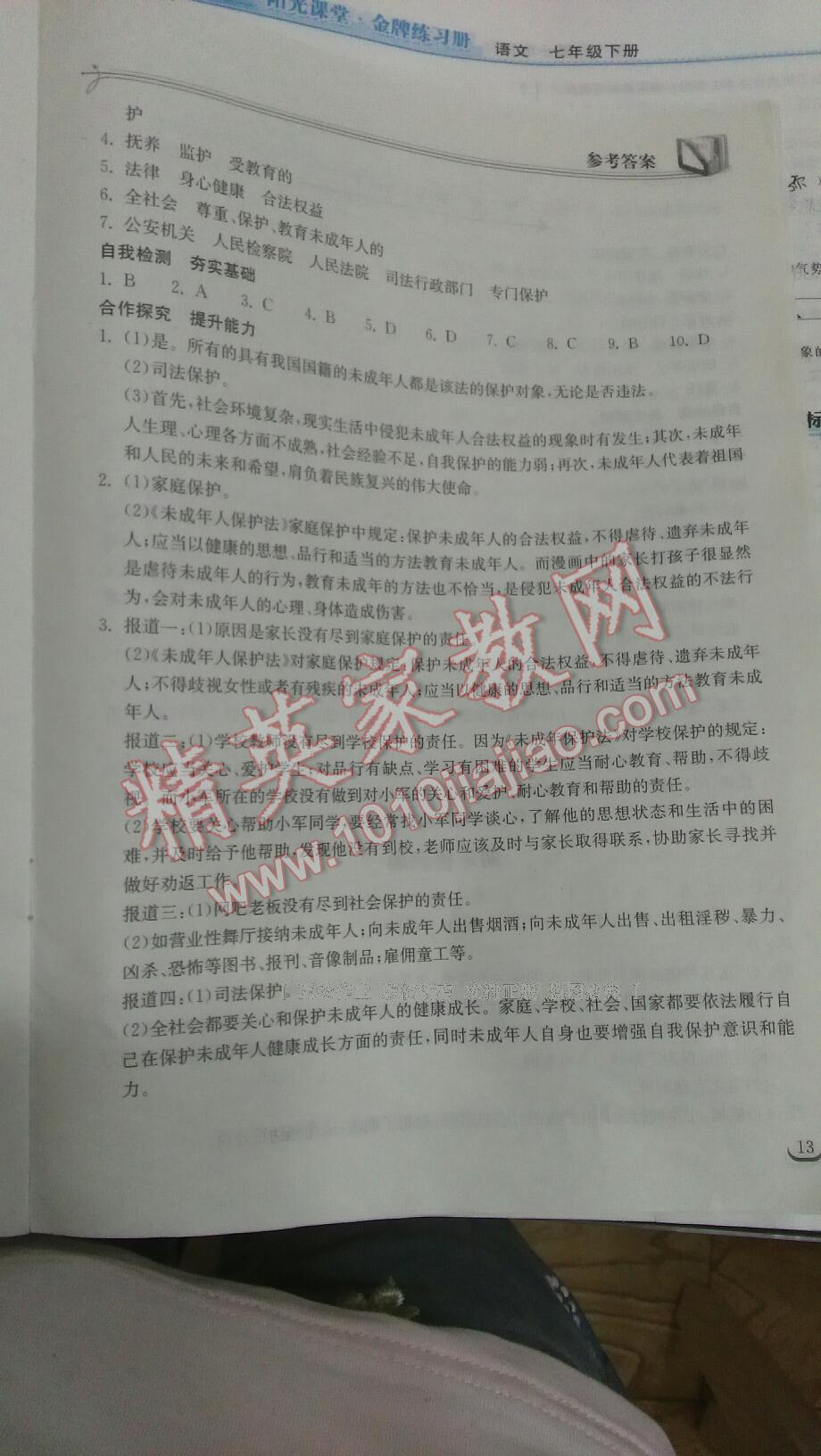 2016年长江作业本同步练习册七年级思想品德下册人教版 第29页