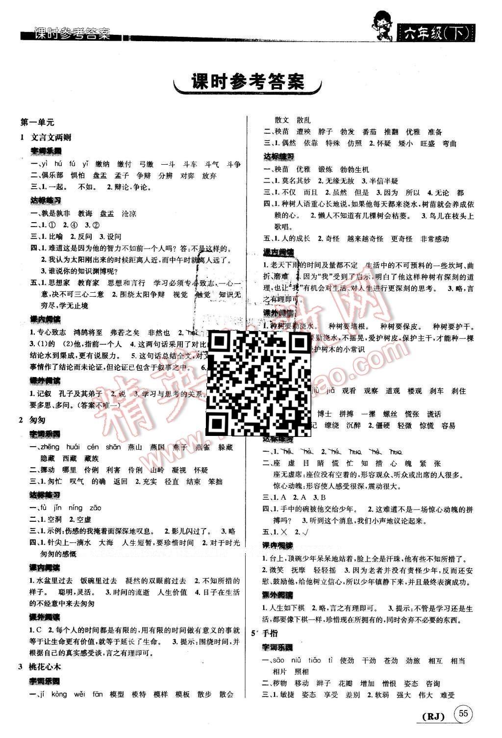 2016年名校秘題課時達(dá)標(biāo)練與測六年級語文下冊人教版 參考答案第5頁