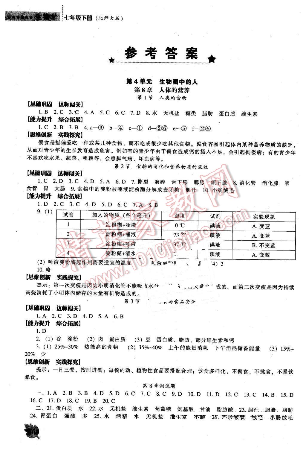 2016年新课程生物学能力培养七年级下册北师大版 第1页