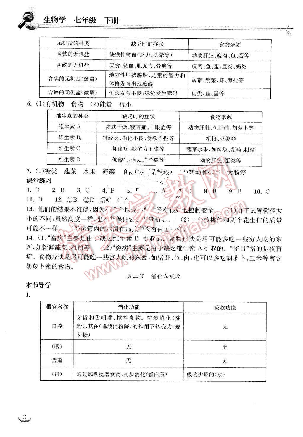 2016年长江作业本同步练习册七年级生物学下册人教版 第2页