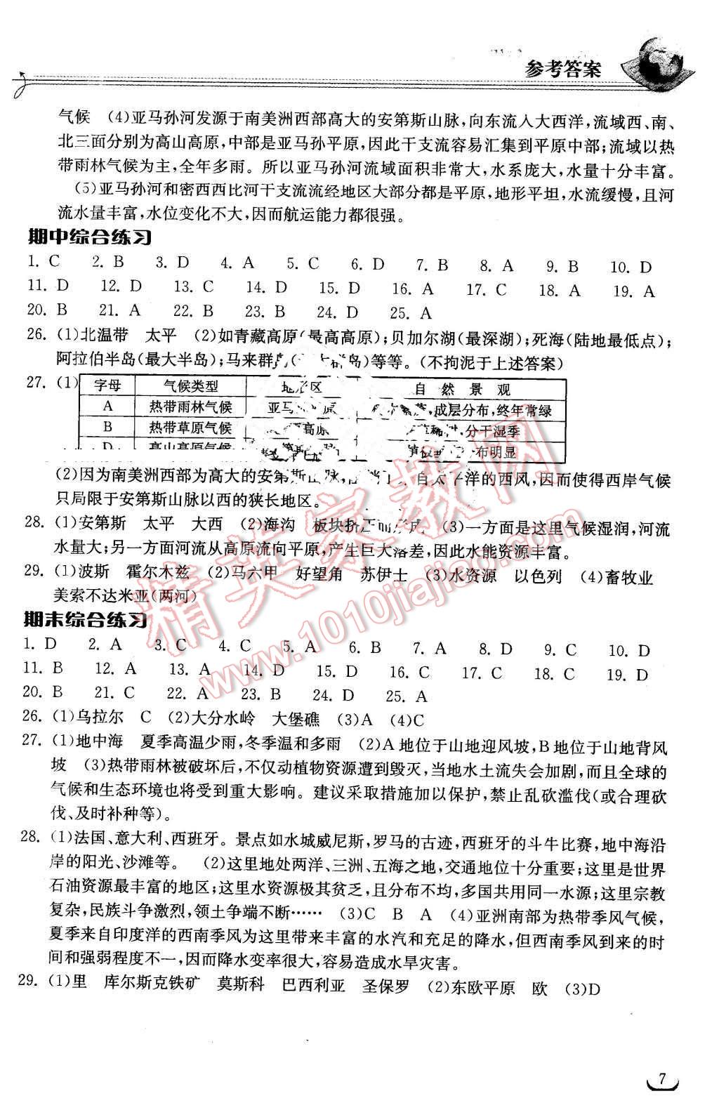 2016年长江作业本同步练习册七年级地理下册湘教版 第7页