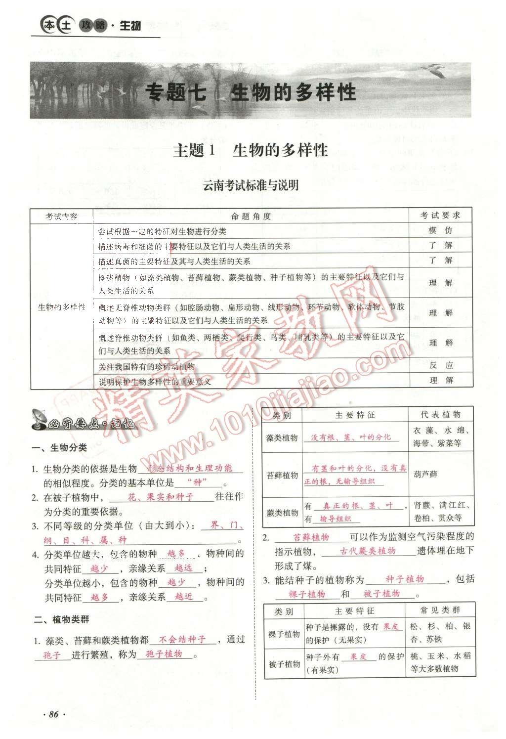 2016年云南中考本土攻略精准复习方案生物 专题七 生物的多样性第110页