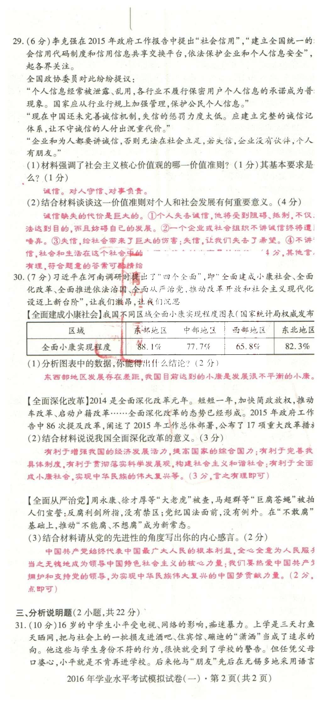 2016年2点备考案思想品德 学业水平模拟试卷答案第85页