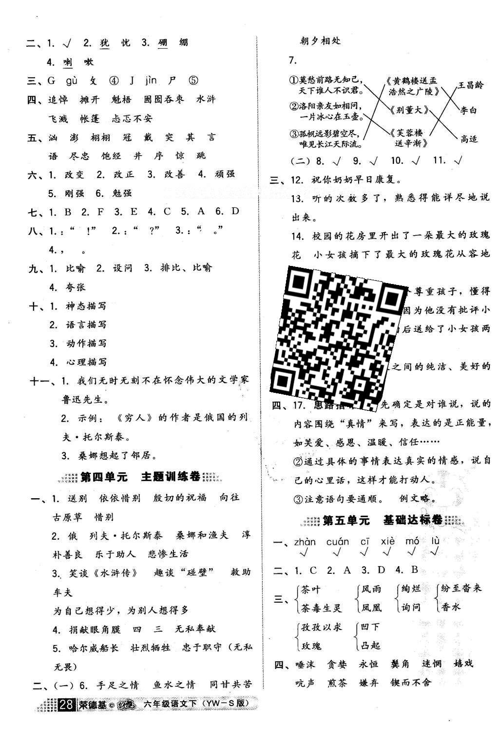 2016年好卷六年级语文下册语文S版 小卷答案第22页