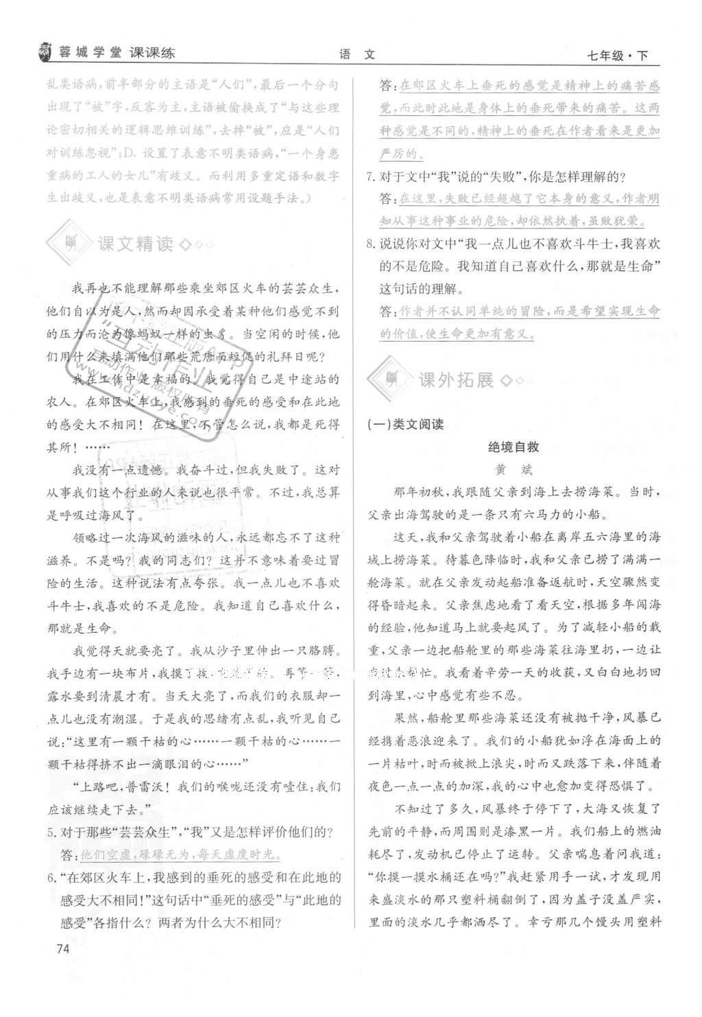 2016年蓉城學(xué)堂課課練七年級(jí)語(yǔ)文下冊(cè)成都專(zhuān)版 第五單元第74頁(yè)