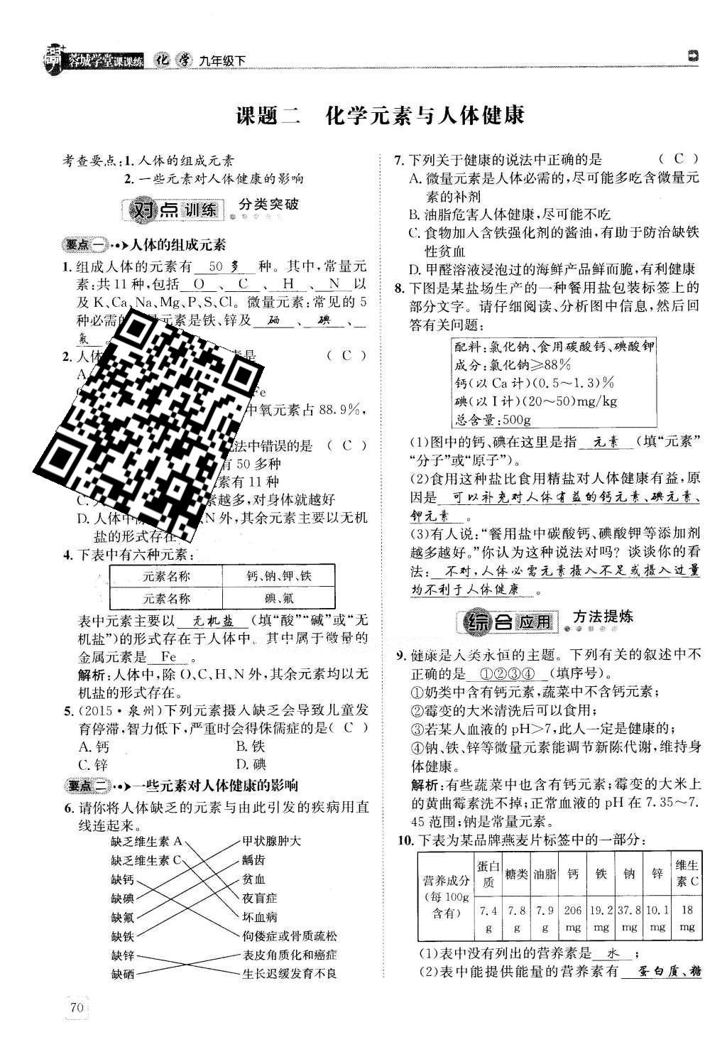 2016年蓉城學(xué)堂課課練九年級(jí)化學(xué)下冊 第十二單元 化學(xué)與生活第70頁