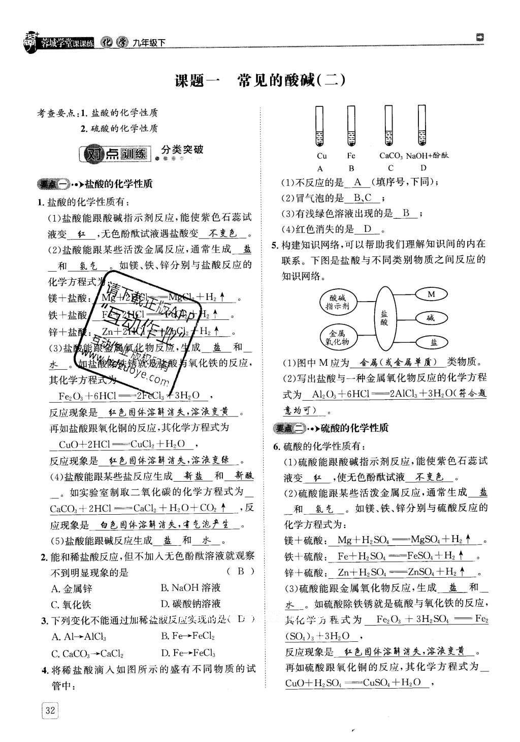 2016年蓉城學(xué)堂課課練九年級(jí)化學(xué)下冊(cè) 第十單元 酸和堿第32頁(yè)