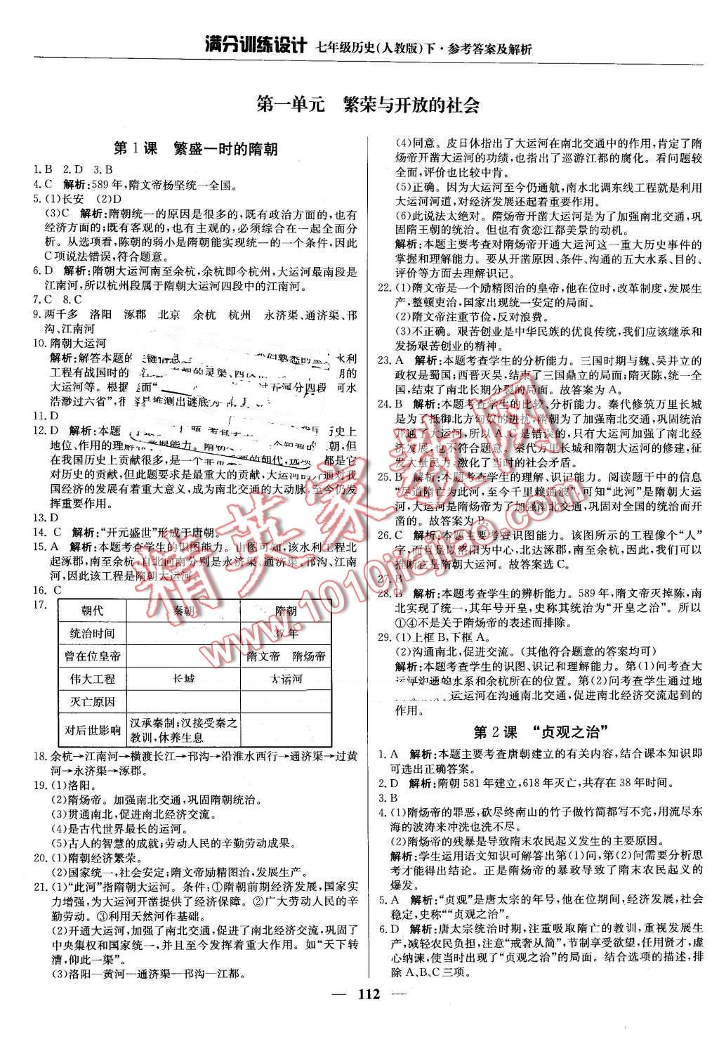 2016年满分训练设计七年级历史下册人教版 第1页