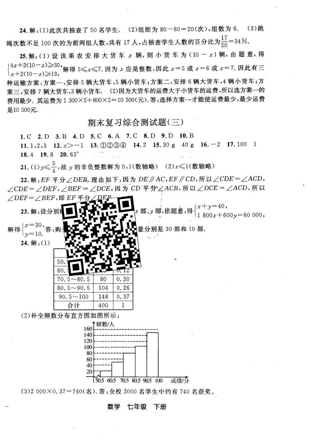 2016年同步輕松練習(xí)七年級數(shù)學(xué)下冊人教版 試卷答案第23頁