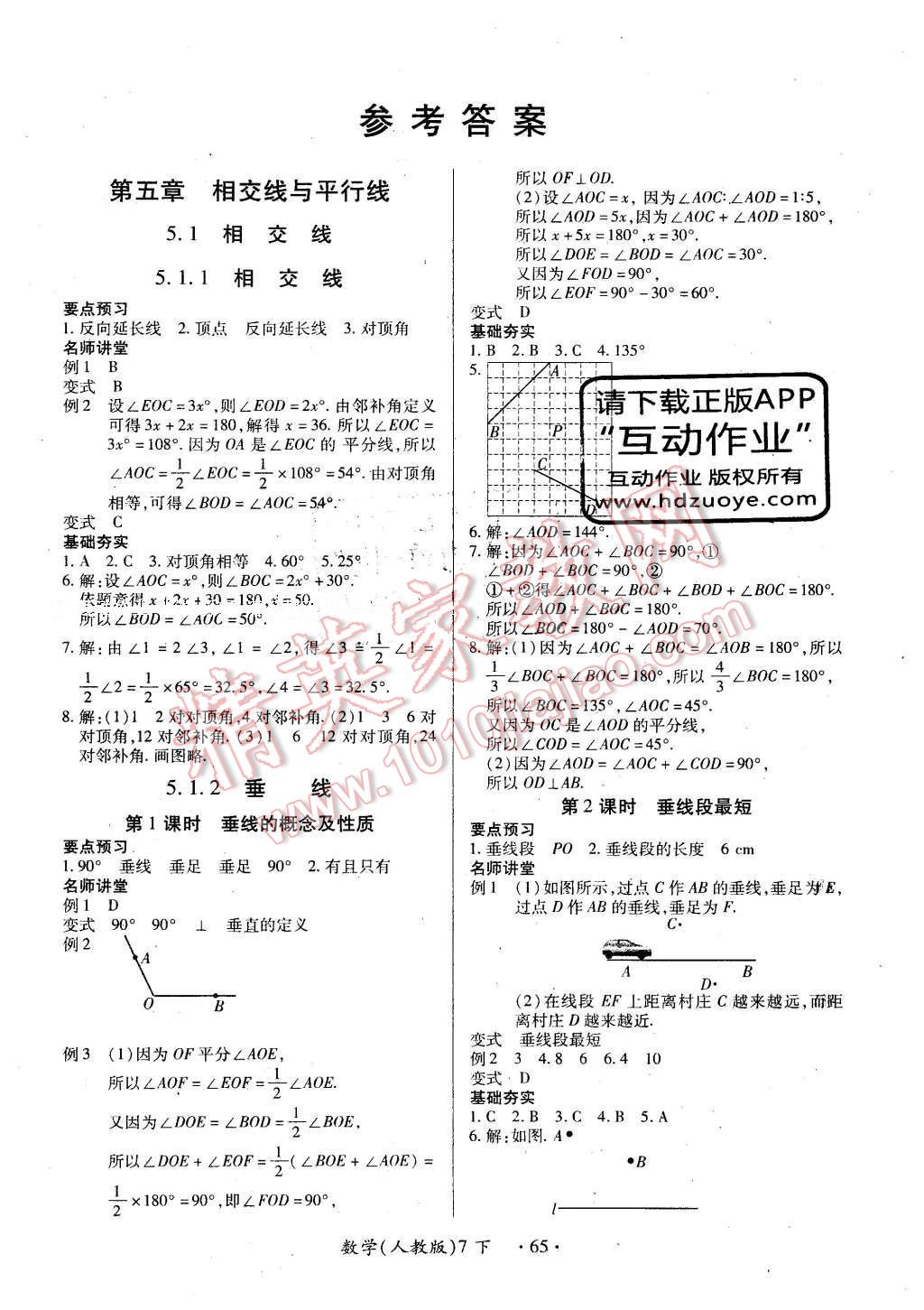 2016年一课一练创新练习七年级数学下册人教版 参考答案第56页