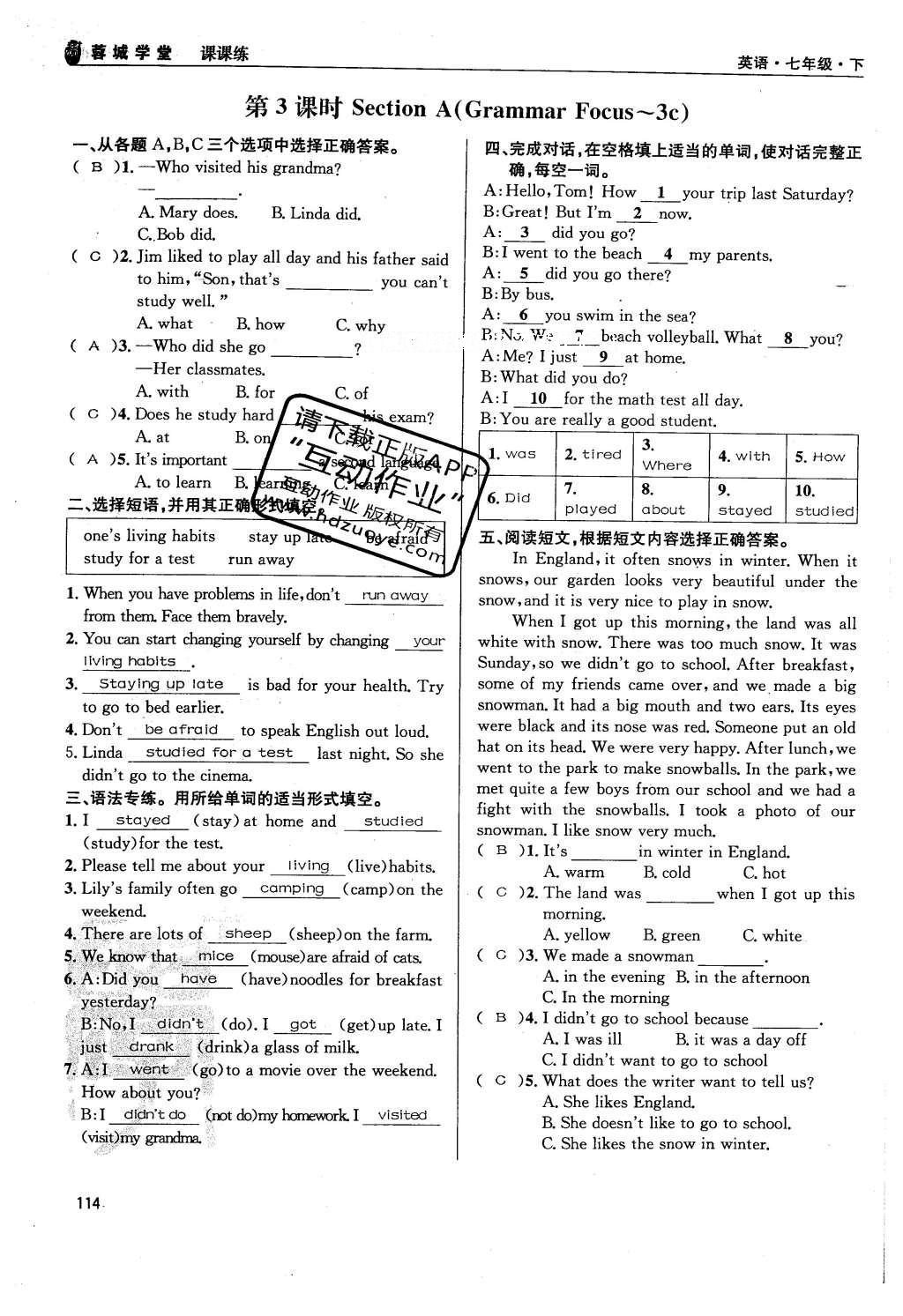 2016年蓉城学堂课课练七年级英语下册人教版成都 Unit 7~Unit 12第114页