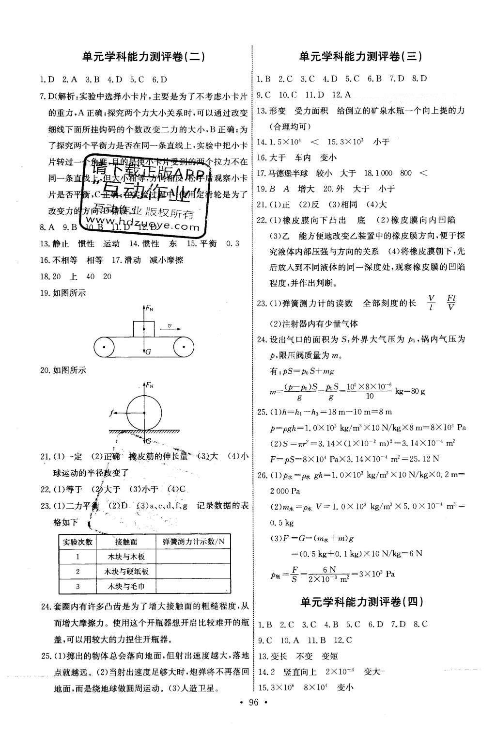 2016年能力培养与测试八年级物理下册人教版H 参考答案第46页