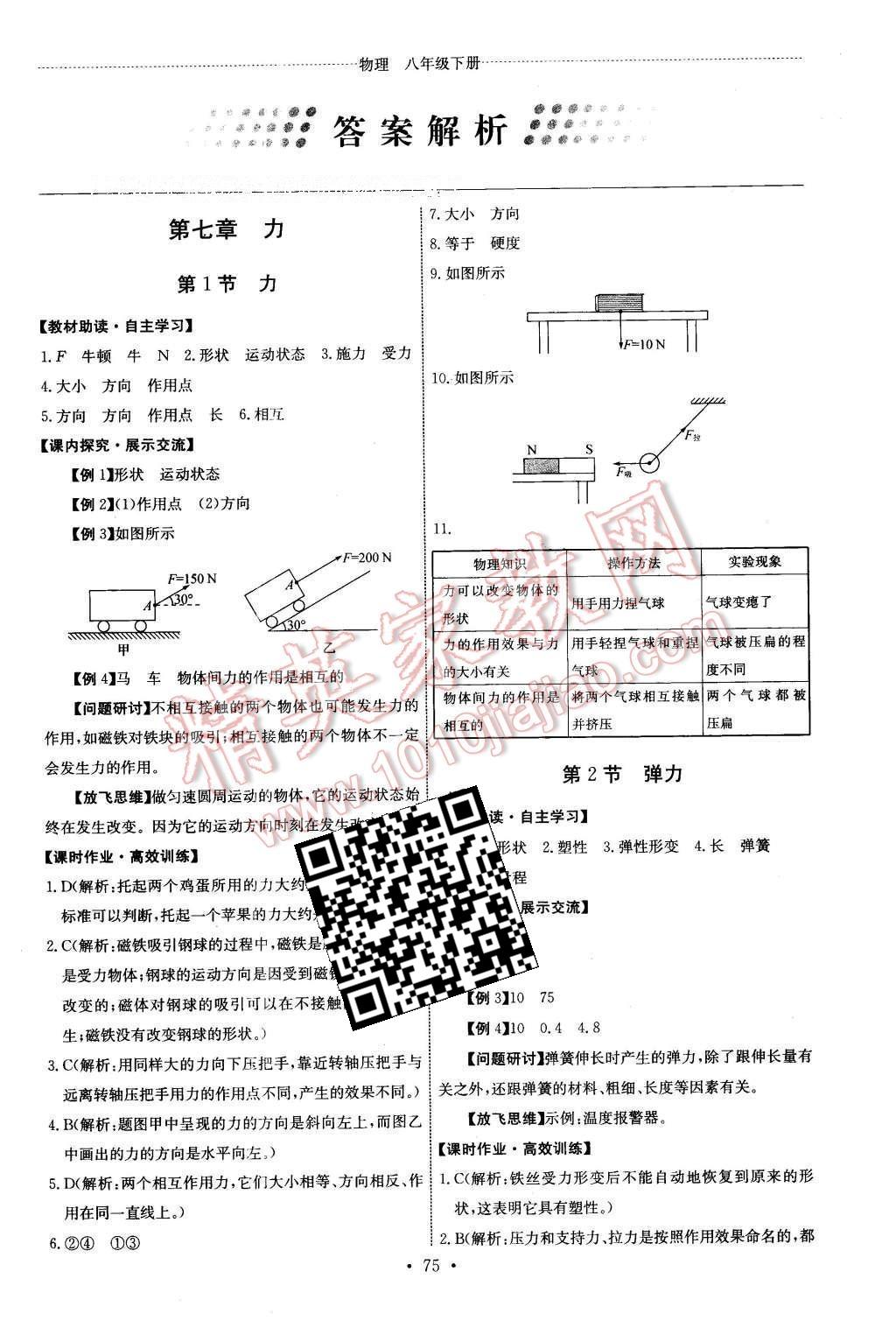 2016年能力培养与测试八年级物理下册人教版H 参考答案第25页