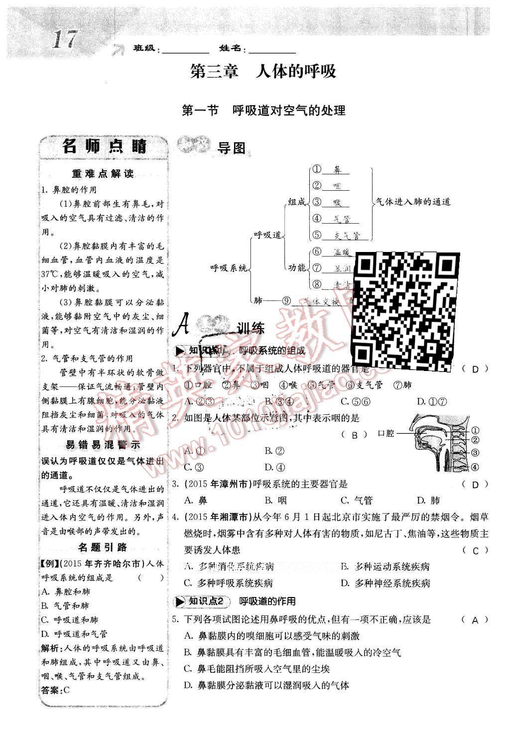 2016年課堂點(diǎn)睛七年級(jí)生物下冊(cè)人教版 第三章 人體的呼吸第17頁