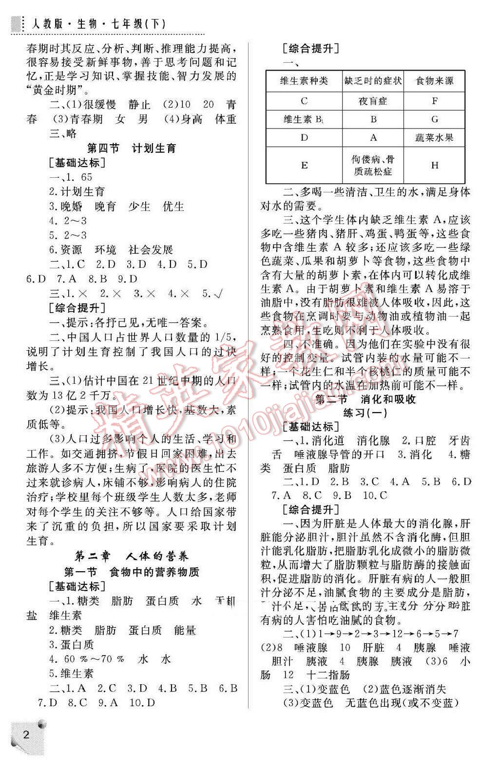 2015年課堂練習(xí)冊七年級(jí)生物下冊魯科版A版 第2頁