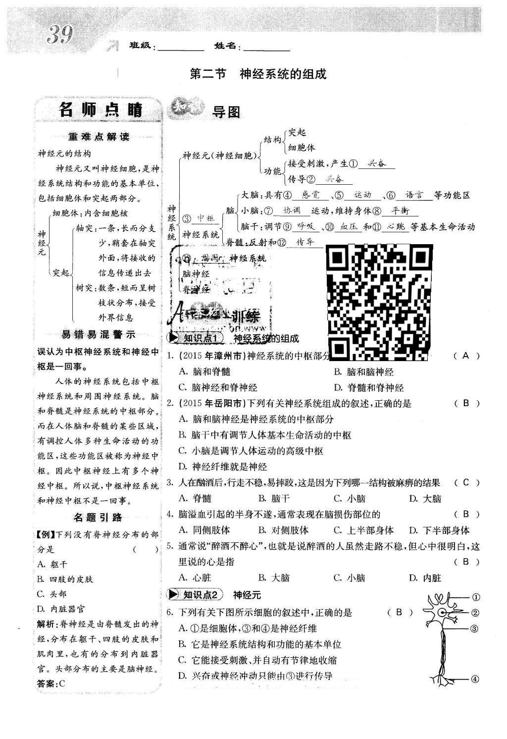 2016年課堂點睛七年級生物下冊人教版 第六章 人體生命活動的調(diào)節(jié)第39頁