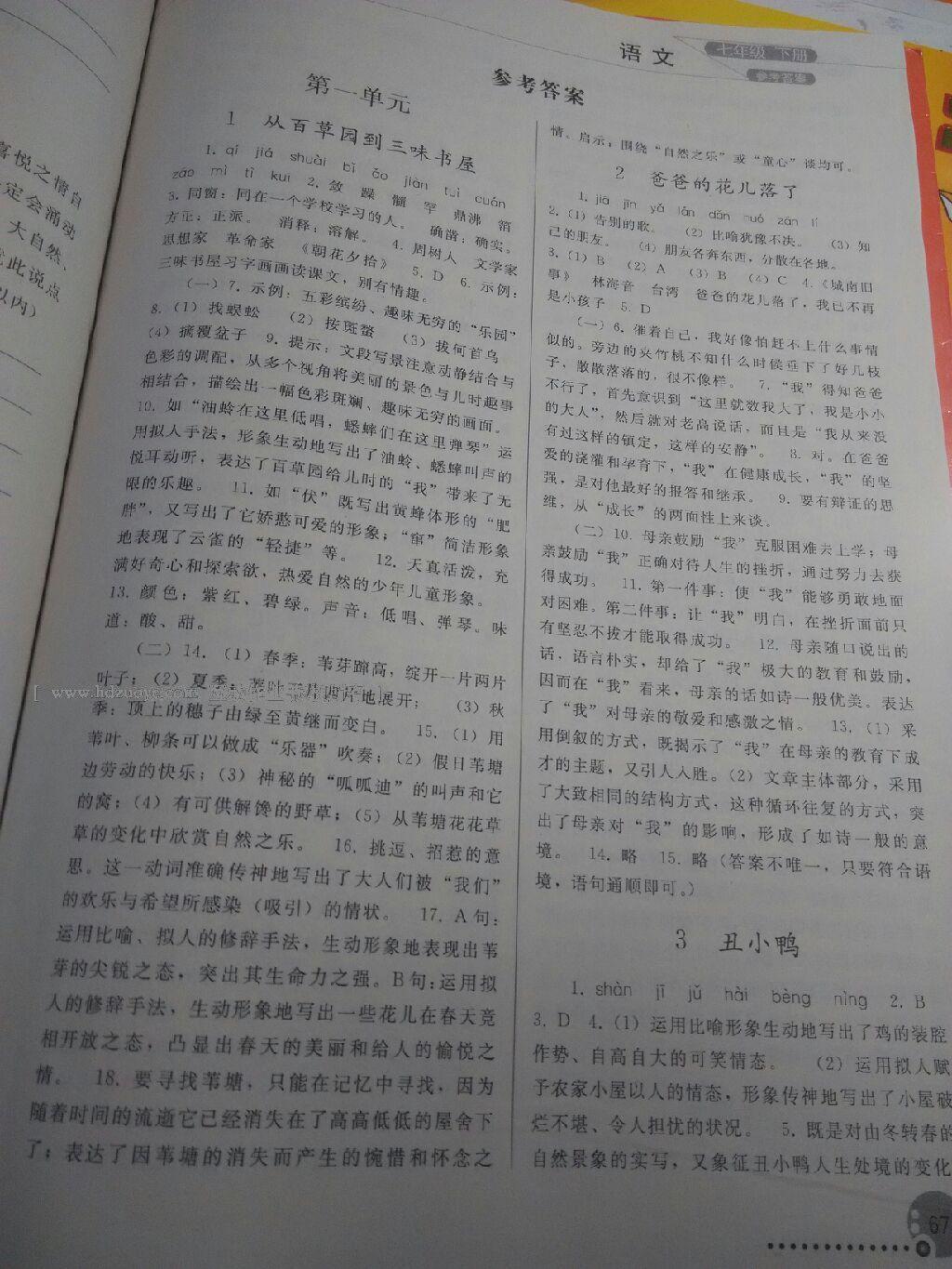 2016年同步练习册人民教育出版社七年级语文下册人教版 第106页