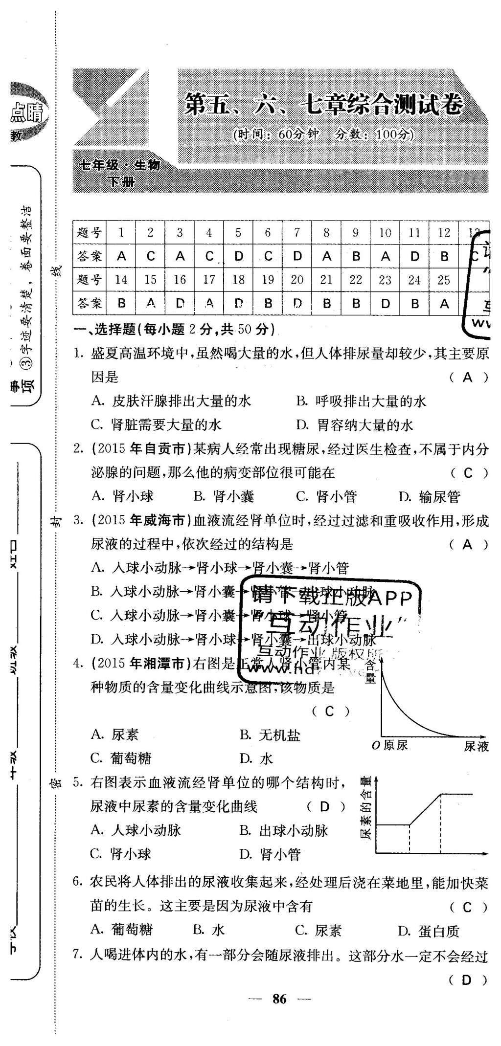 2016年課堂點(diǎn)睛七年級(jí)生物下冊人教版 綜合測試卷第80頁