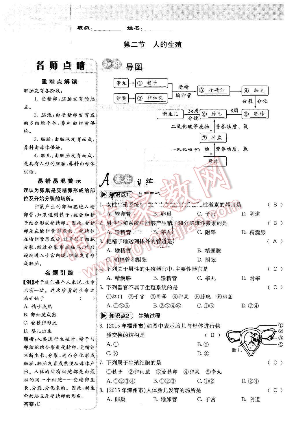 2016年课堂点睛七年级生物下册人教版 第3页